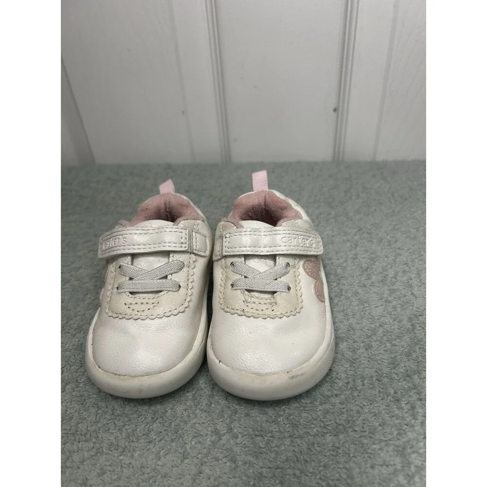 Carter’s Toddler Girls White Pink Heart Hook & Loop Sneakers Size 3.5M